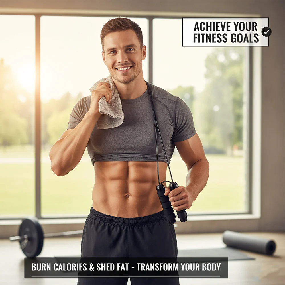Man in a gym holding jump ropes with text about fitness goals and benefits.