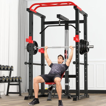 Professional Power Cage with Pulley System – Adjustable Rack with Lat Pulldown, Spotters & Multi-Grip Pull-Up Bar for Home Gym"