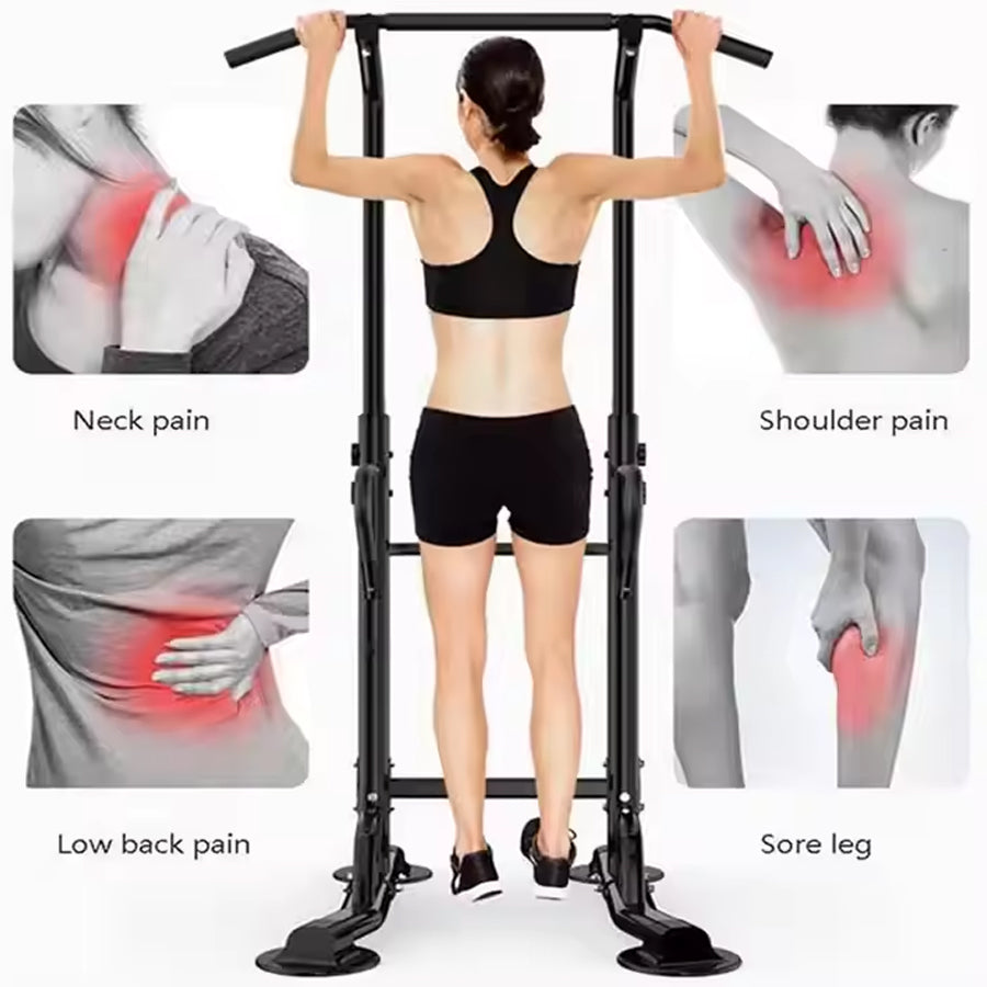 Woman using a pull-up bar with insets showing neck, shoulder, low back, and sore leg pain.
