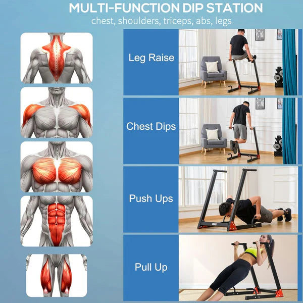 Multi-function dip station with workout demonstrations and muscle diagrams on a blue background