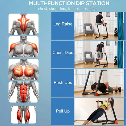 Multi-function dip station with workout demonstrations and muscle diagrams on a blue background