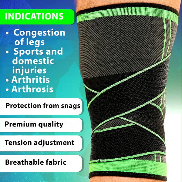 Black and green compression sleeve on a person's leg with product features listed on a blue and green gradient background.