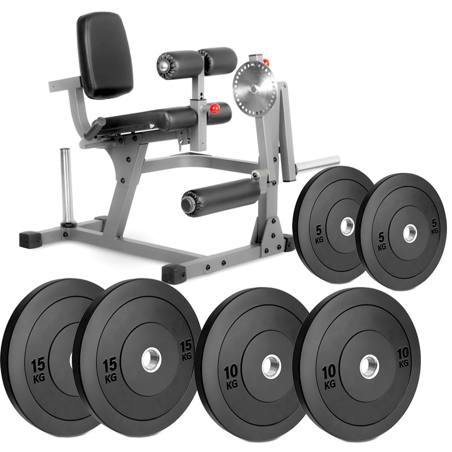 Gym bench with weight plates on a white background