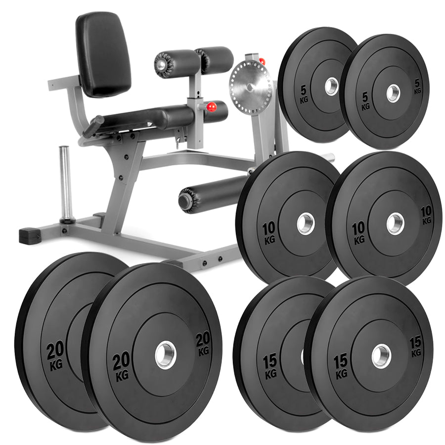 Weight bench with weight plates on a white background