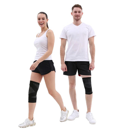 Two people wearing black knee braces on a white background