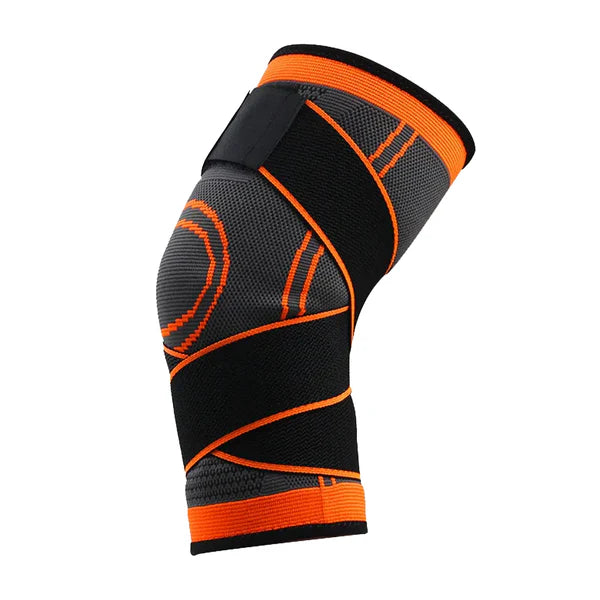 Black and orange knee brace on a white background