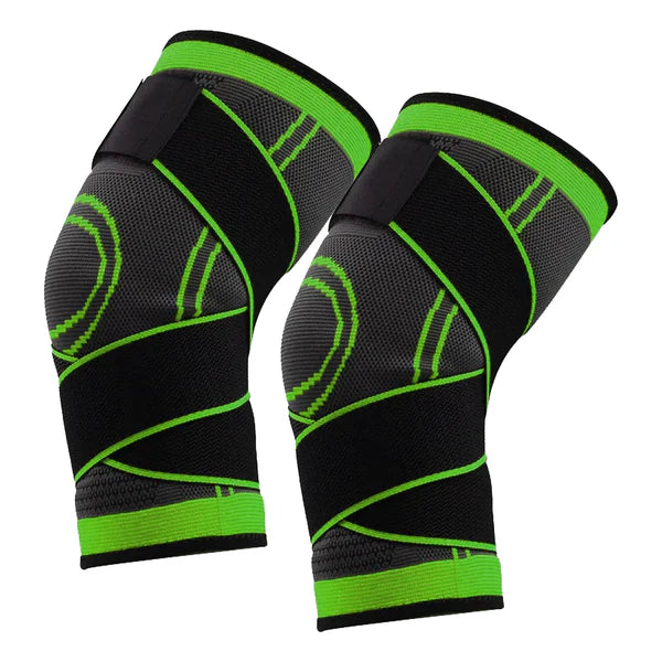 Black and green knee sleeves on a white background