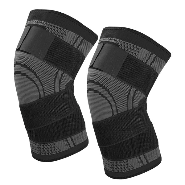 Pair of black and gray knee sleeves on a white background