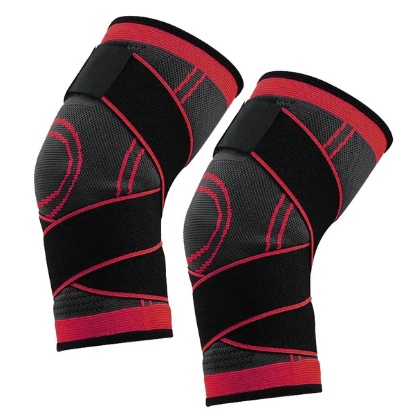 Pair of black and red knee sleeves on a white background