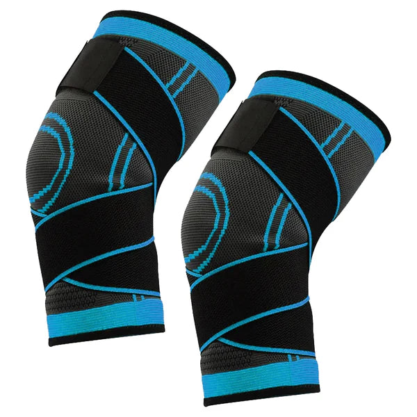 Pair of black and blue knee sleeves on a white background