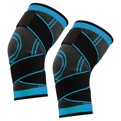 Pair of black and blue knee sleeves on a white background