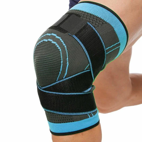 Knee brace with black and blue straps on a white background