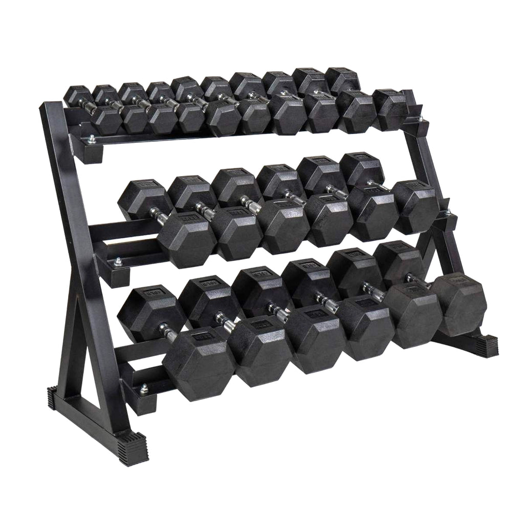 Black hexagonal dumbbells on a metal rack on a white background
