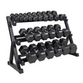 Black hexagonal dumbbells on a metal rack on a white background