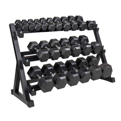 12-pair hex dumbbell set, 2.5 kg to 30 kg, on a three-tier storage rack