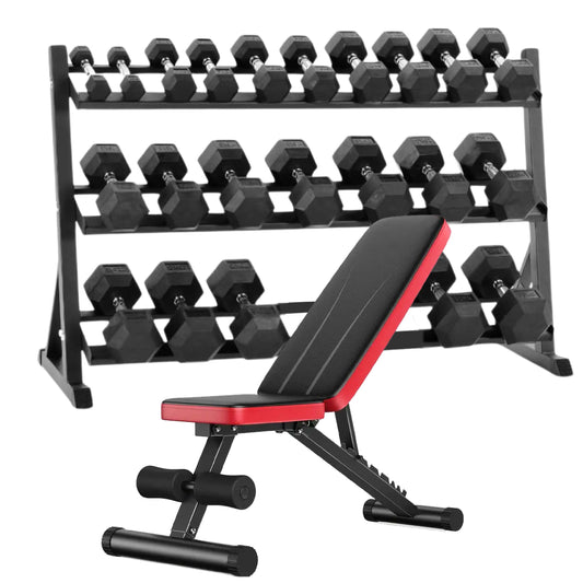 Complete Hex Dumbbell Set with 3-Tier Rack – Rubber Coated Weights (2.5kg–30kg) – Commercial Grade Home Gym Equipment