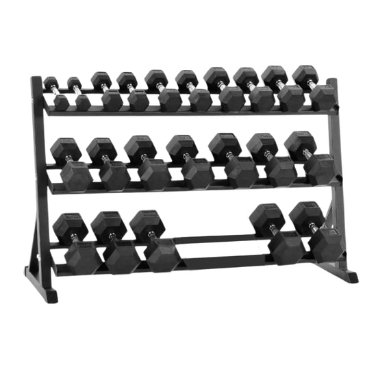 Complete Hex Dumbbell Set with 3-Tier Rack – Rubber Coated Weights (2.5kg–30kg) – Commercial Grade Home Gym Equipment