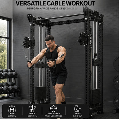 Man performing a cable fly on the commercial multi-gym rack in a gym, with chest, back, shoulder and arm exercises listed