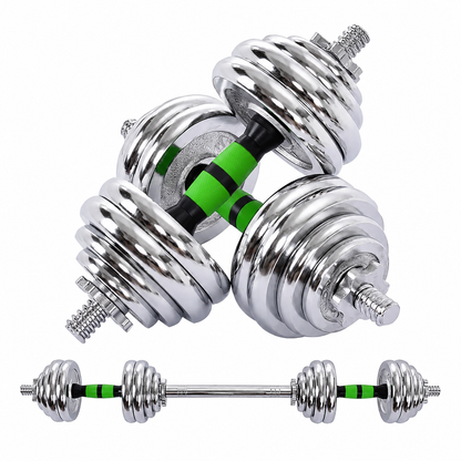 Chrome adjustable dumbbell set with green grips, shown as two dumbbells and joined as a barbell, on a white background