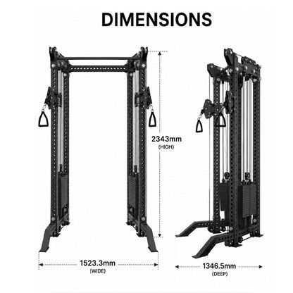 Commercial multi-gym rack dimensions: 2343 mm high, 1523.3 mm wide, 1346.5 mm deep, front and side views