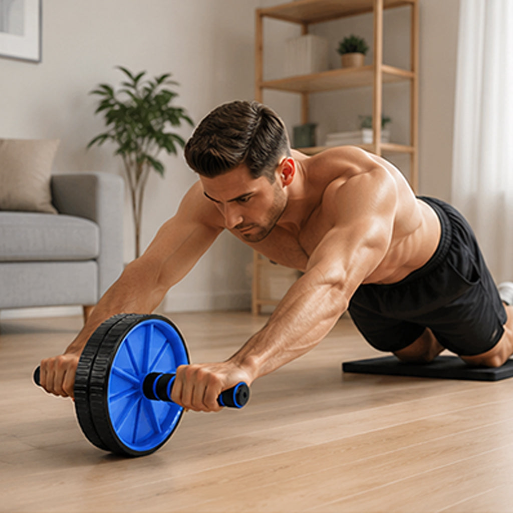 Man using the blue dual-wheel ab roller on a wooden floor at home