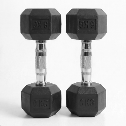 Pair of black rubber hex dumbbells, 6 kg each, on a white background