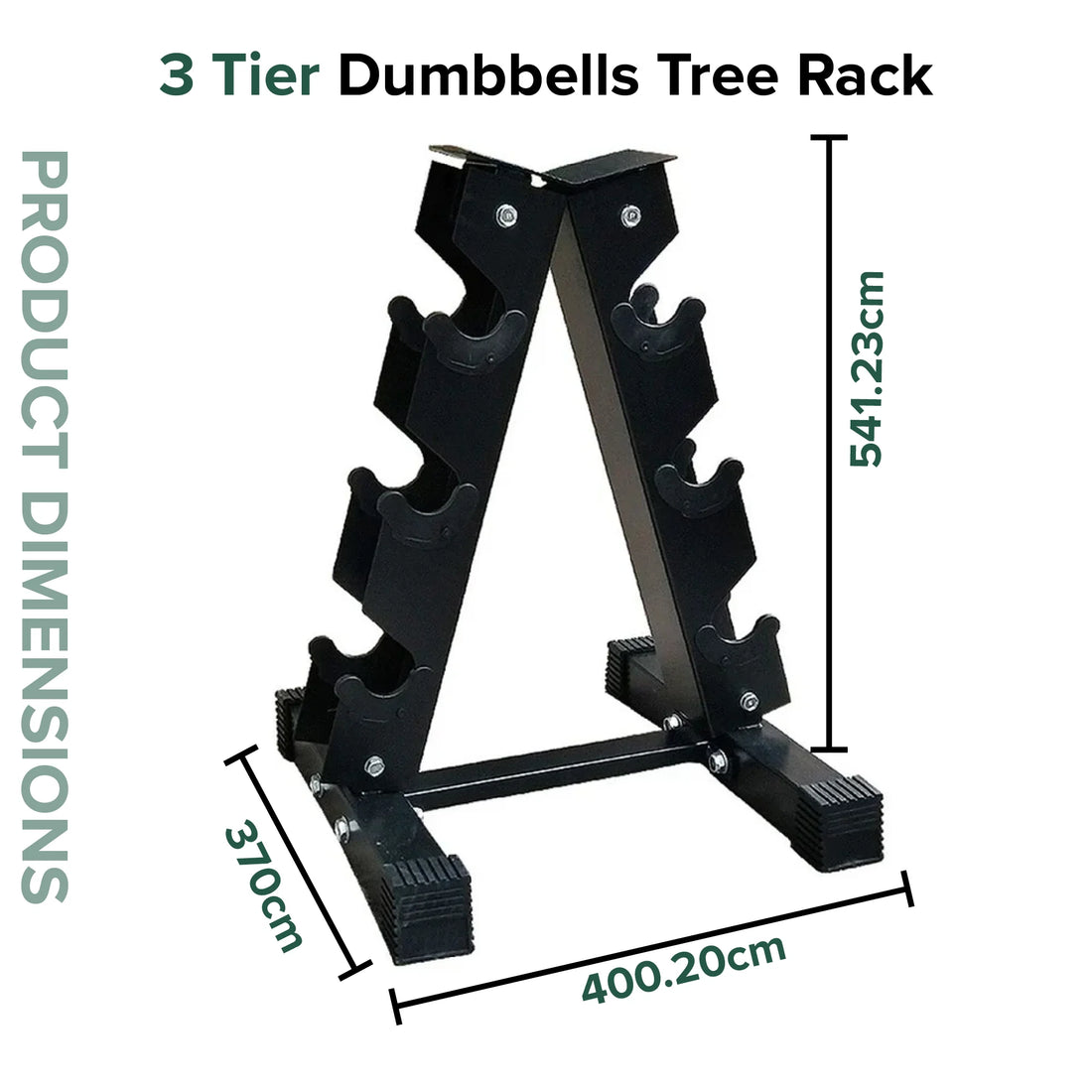 A3 rack included with the 3-pair hex dumbbell set: overall dimensions, front and side