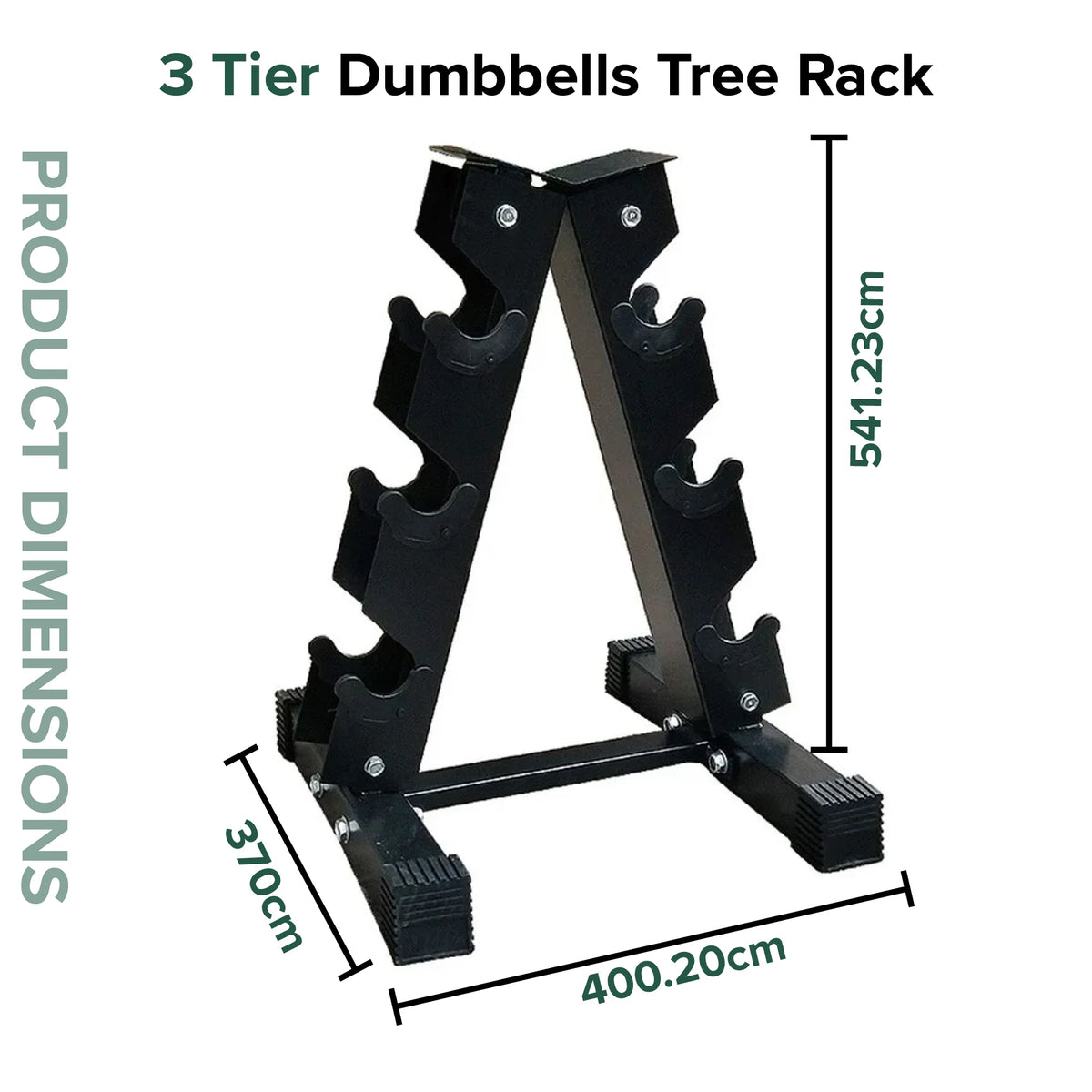 A3 rack included with the 3-pair hex dumbbell set: overall dimensions, front and side