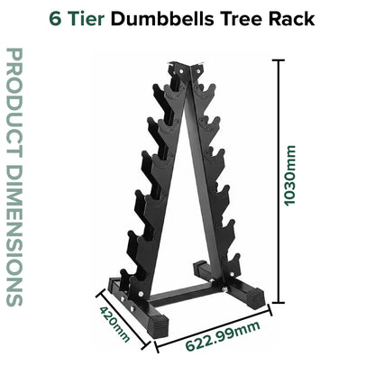 A6 rack included with the 6-pair hex dumbbell set: overall dimensions, front and side