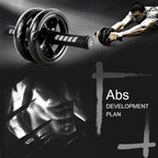 Person using an ab roller with text 'Abs Development Plan' on a dark background