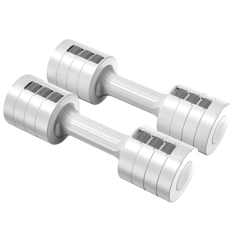 Pair of silver dumbbells on a white background