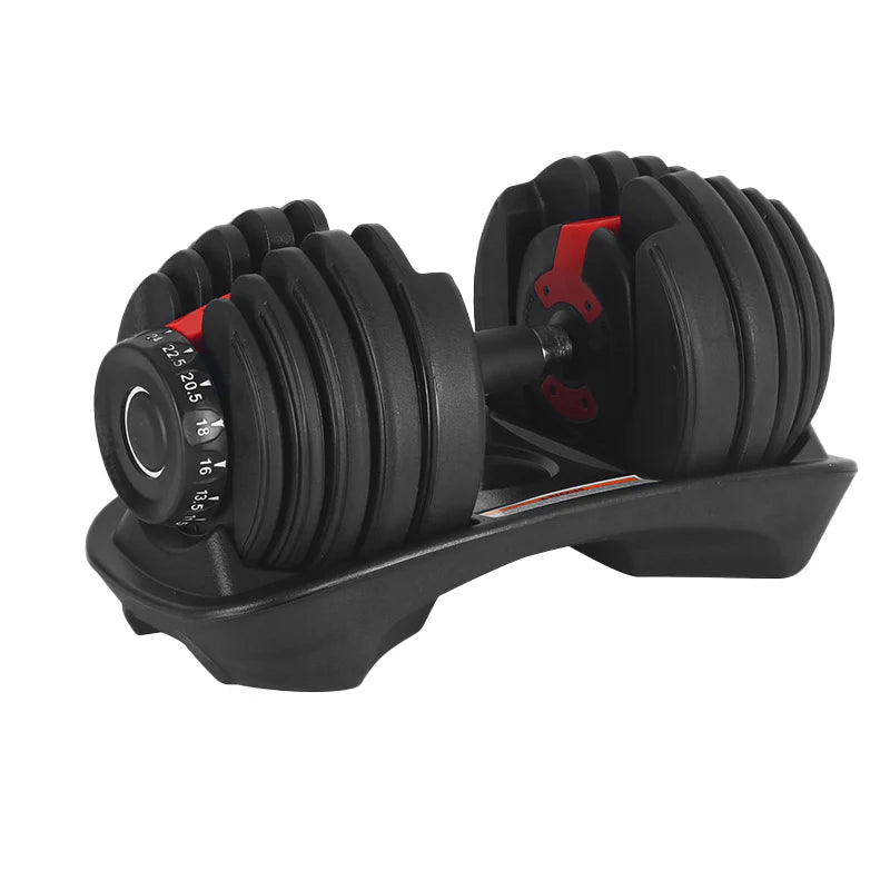 adjustable dumbbell on a black stand against a white background