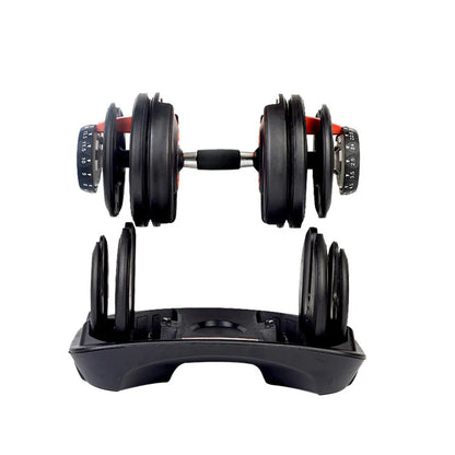 Pair of adjustable dumbbells on a black stand against a white background