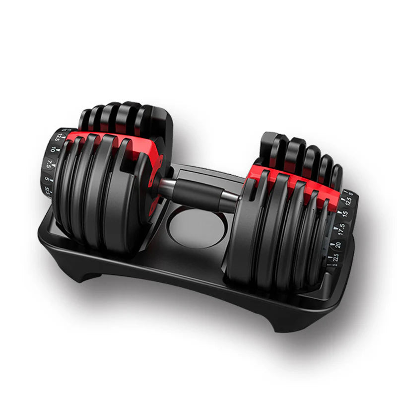 Pair of adjustable dumbbells on a white background