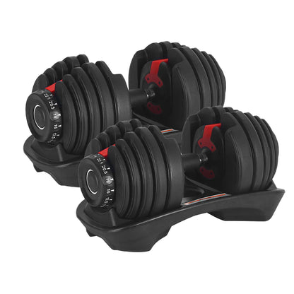 Pair of adjustable dumbbells on a white background