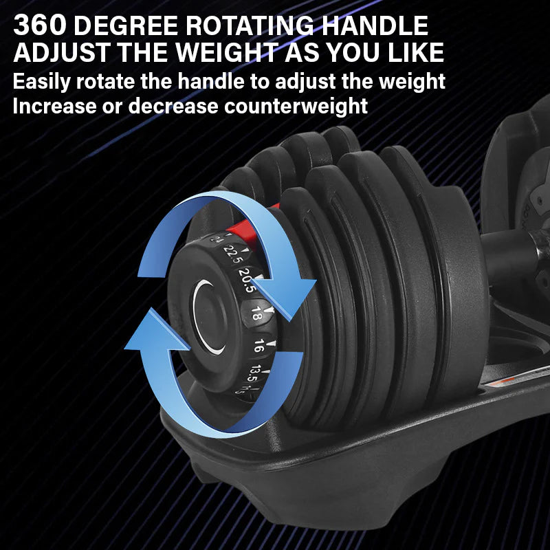 Adjustable dumbbell handle with weight adjustment mechanism on a black background