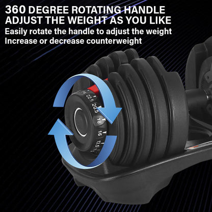 Adjustable dumbbell handle with weight adjustment mechanism on a black background
