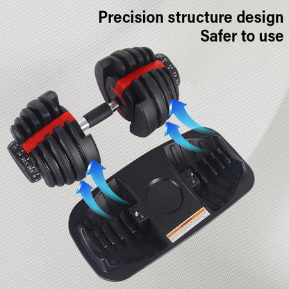 Pair of adjustable dumbbells with a base on a gray background, highlighting safety features.