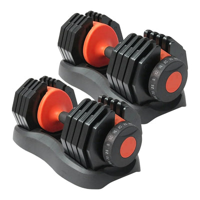 Pair of adjustable dumbbells with black and orange design on a white background