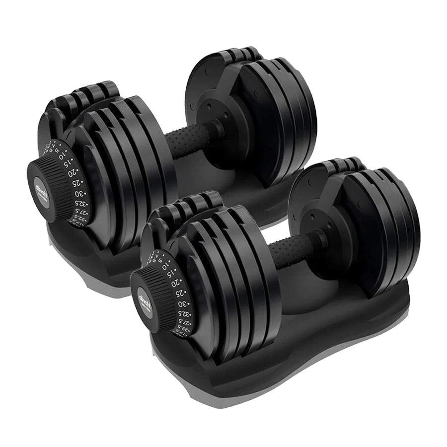 Pair of adjustable dumbbells on a white background