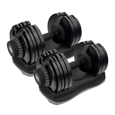 Pair of adjustable dumbbells on a white background