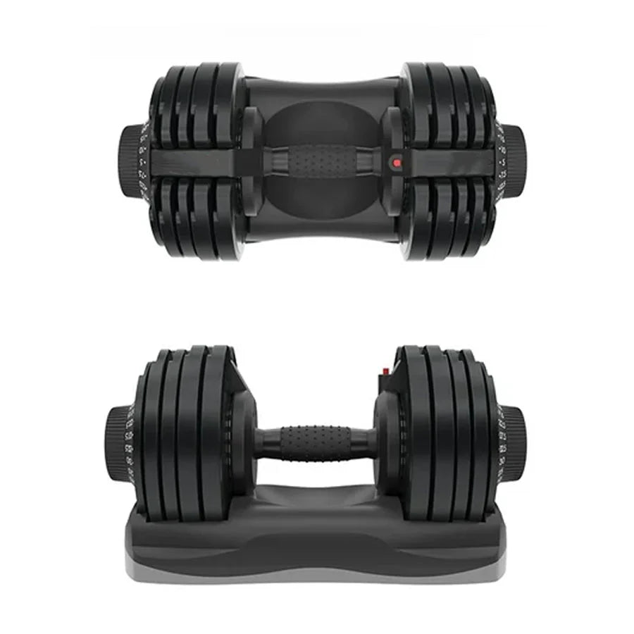Pair of adjustable dumbbells on a white background