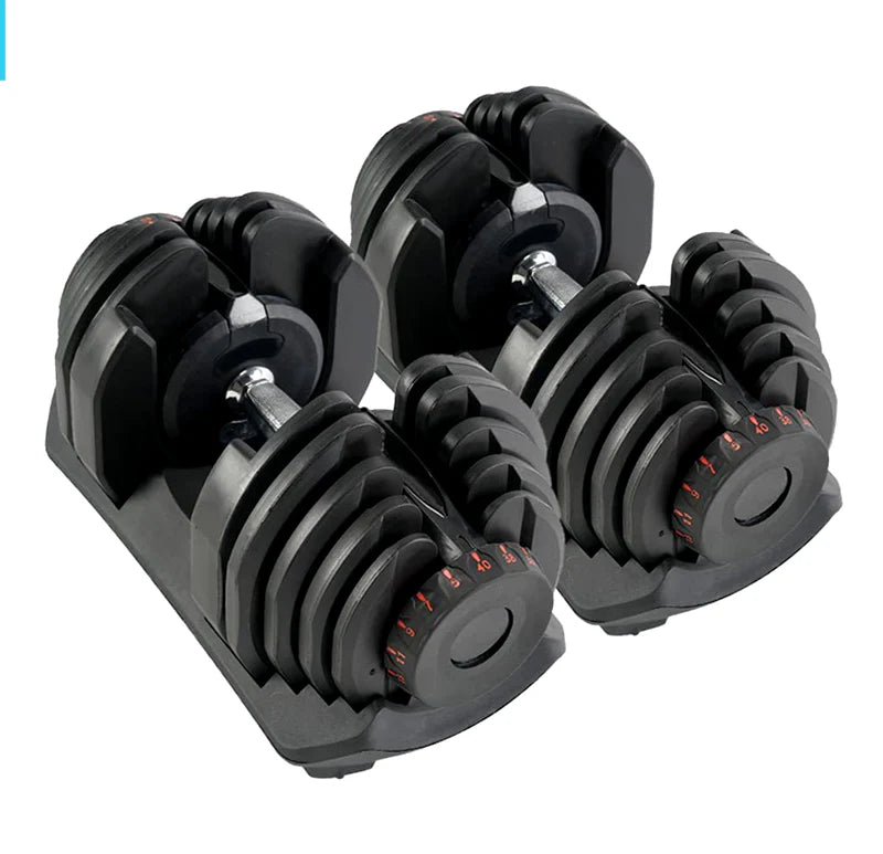 Pair of adjustable dumbbells on a white background