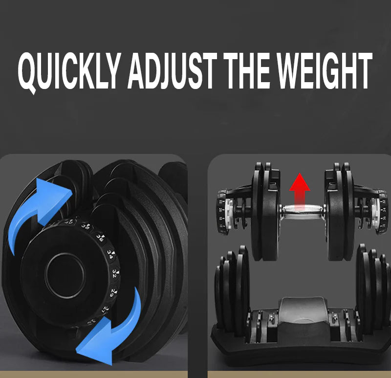 Adjustable dumbbells with text 'Quickly Adjust the Weight' on a dark background
