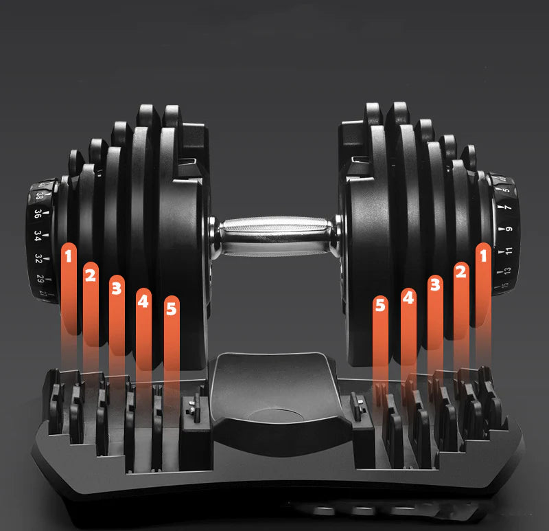 Pair of adjustable dumbbells with numbered weight plates on a dark background