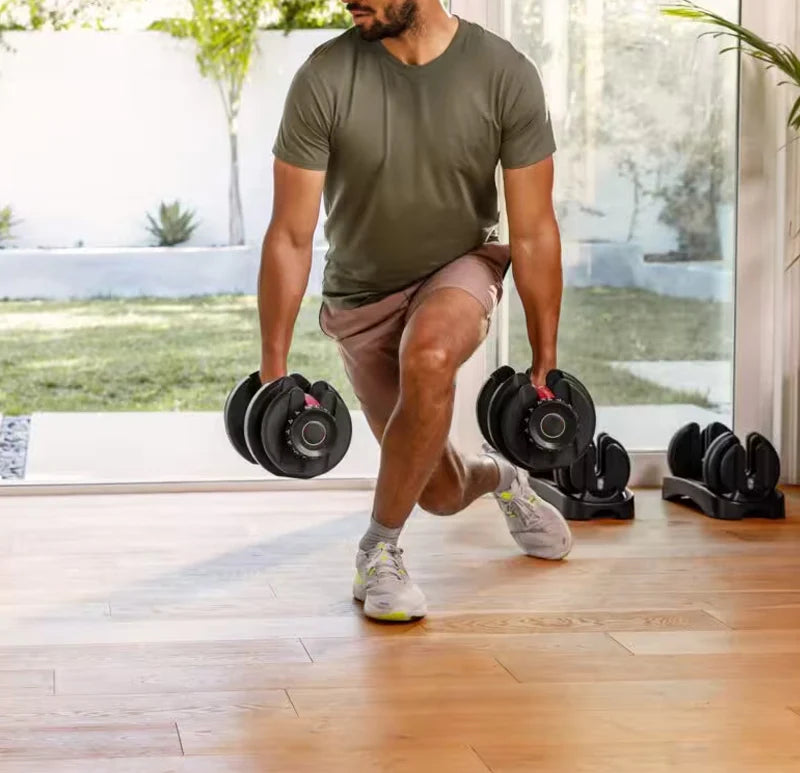 Man exercising with dumbbells in a home setting