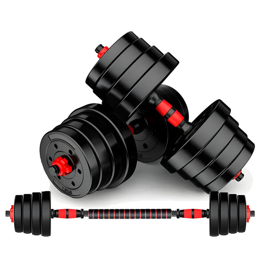 Pair of adjustable dumbbells with red accents on a white background