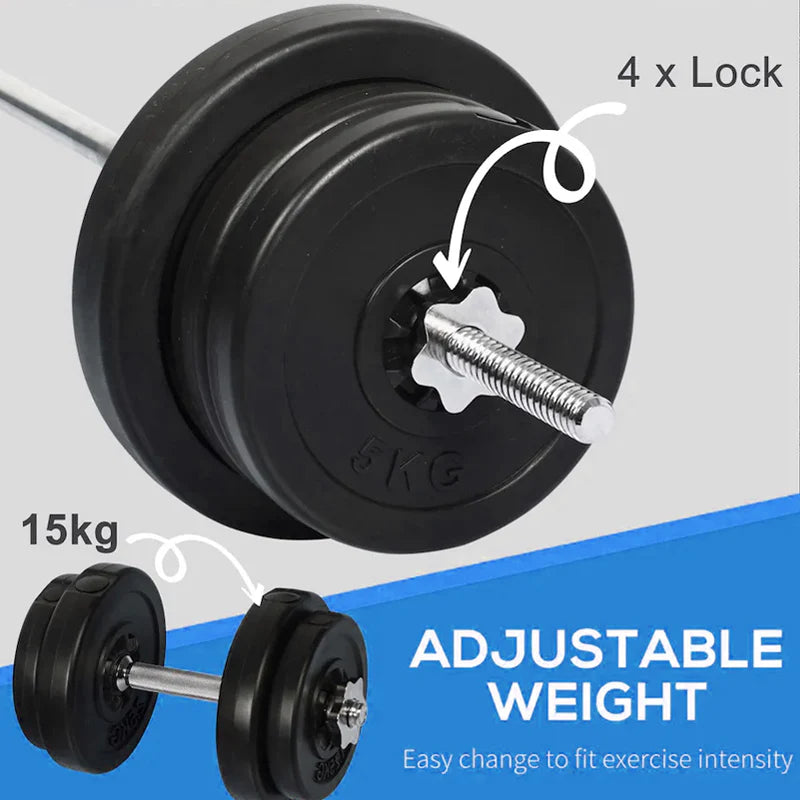 Barbell with adjustable weight plates and text indicating weight capacity and lock mechanism.