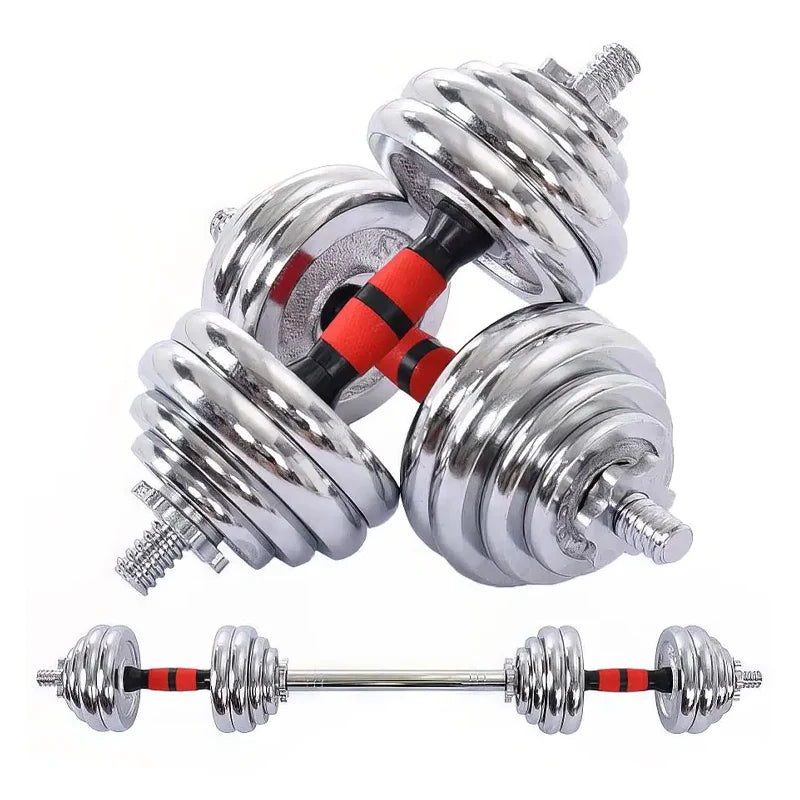 Pair of silver dumbbells with red and black straps on a white background