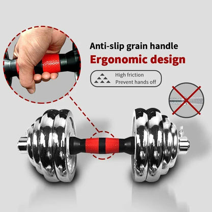 Dumbbell with anti-slip grain handle and ergonomic design on a gray background
